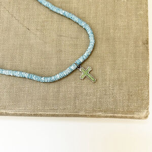 Vintage Y2K Blue Shell Necklace with Green Forgiven Cross Pendant Beach Summer